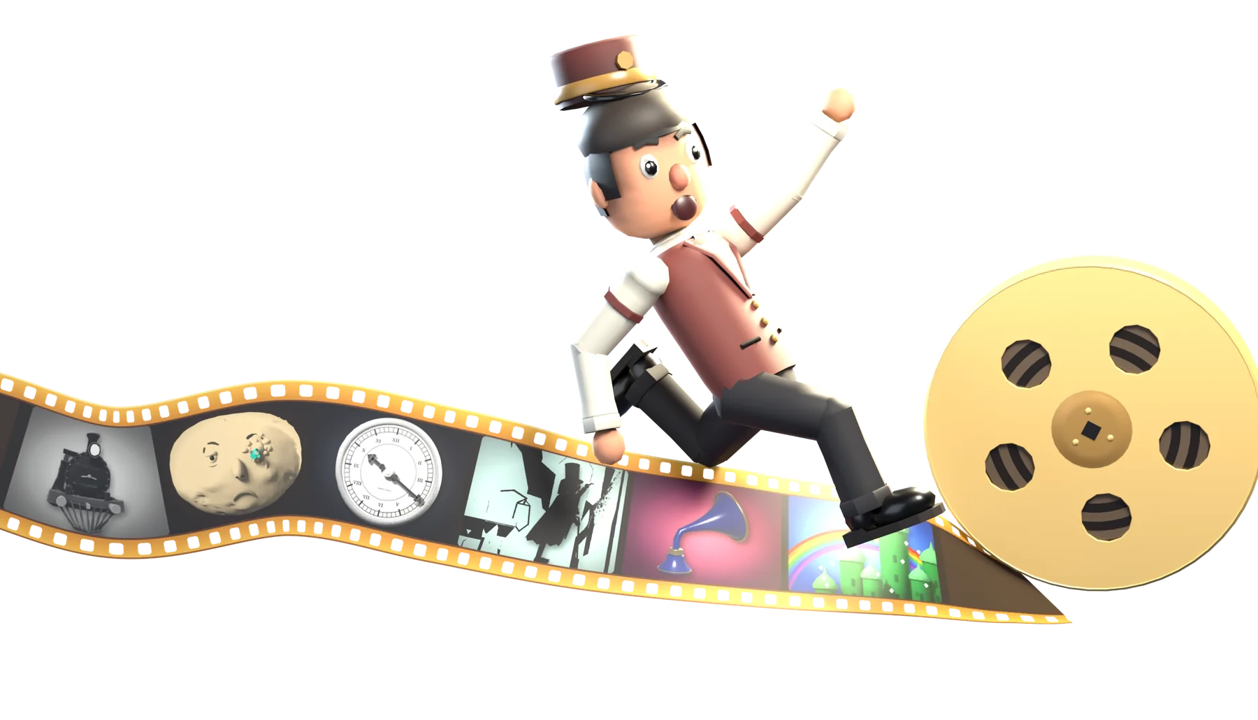 Frankie, a puppet projectionist in a maroon pillbox cap and claret waistcoat, sprints along a ribbon of film after a runaway golden reel. The frames of the film run from black and white into full colour.