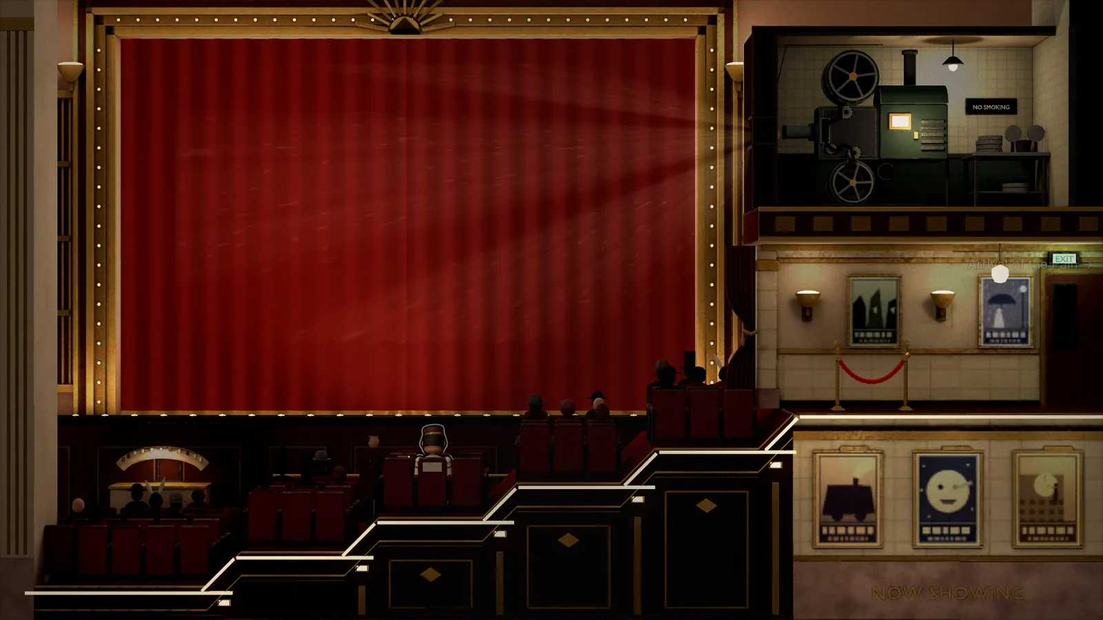 The Palace Picture House: a red velvet curtain in a gold frame, rows of seats with a few early guests, and the projection booth with its projector throwing a beam across the auditorium.