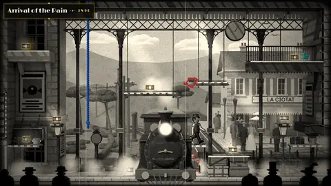 Screenshot: Arrival of the Pain, a steam train at a seaside station in black and white.