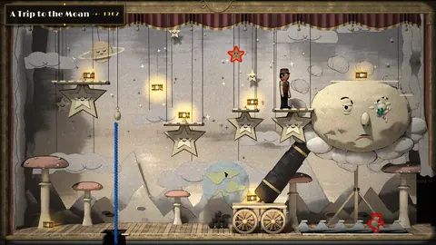 Screenshot: A Trip to the Moan, a painted stage with a sleepy Moon and stars with faces.