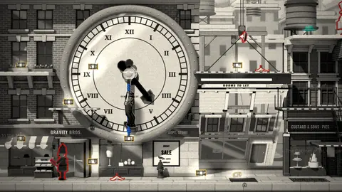 Screenshot: Safety Second, a giant clock on a department-store front.