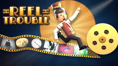The key art: Frankie chasing a runaway reel along a strip of film, under the Reel Trouble logo.